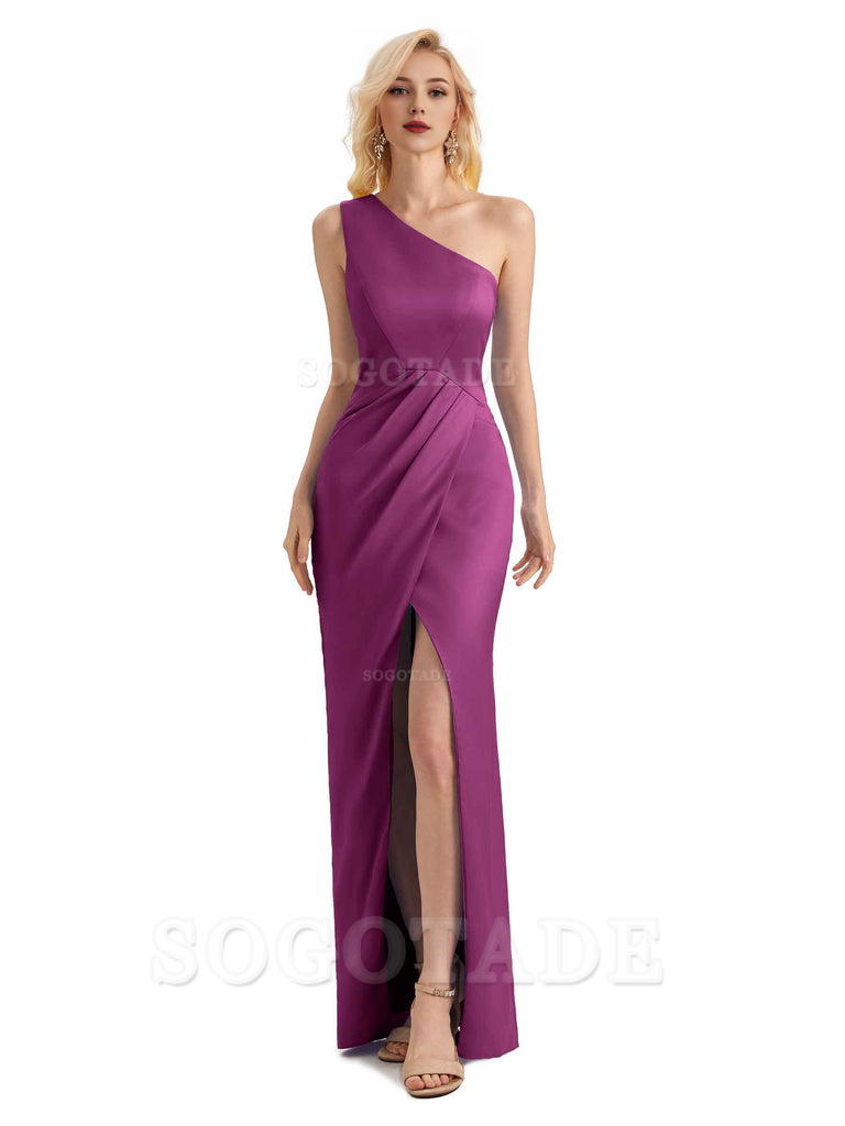 Sexy Soft Satin Split One Shoulder Long Mermaid Wedding Guest Dresses Online