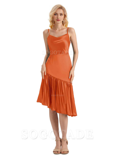 Unique Soft Satin Spaghetti Straps Short Midi Asymmetrical Bridesmaid Dresses Online