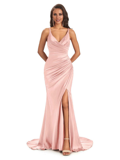 Soft Satin Side Slit Spaghetti Straps V-Neck Long Sexy Mermaid Bridesmaid Dresses