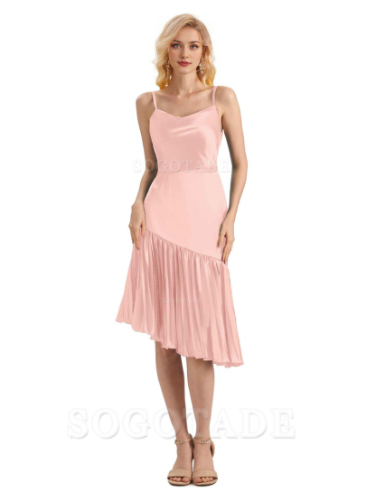 Unique Soft Satin Spaghetti Straps Short Midi Asymmetrical Bridesmaid Dresses Online