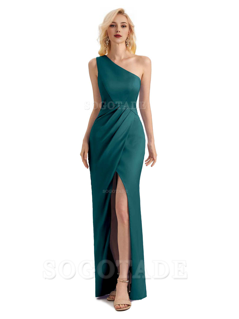 Sexy Soft Satin Split One Shoulder Long Mermaid Wedding Guest Dresses Online