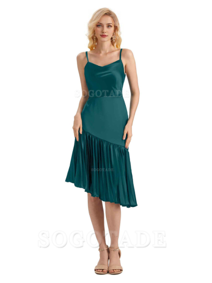 Unique Soft Satin Spaghetti Straps Short Midi Asymmetrical Bridesmaid Dresses Online