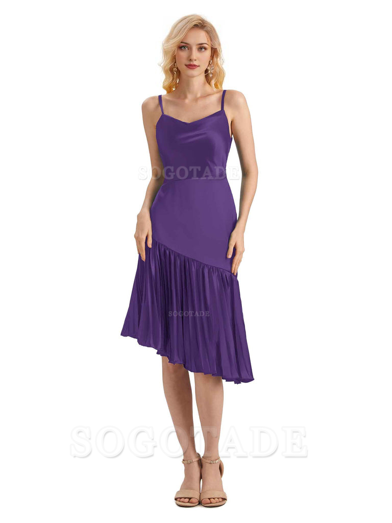 Unique Soft Satin Spaghetti Straps Short Midi Asymmetrical Bridesmaid Dresses Online