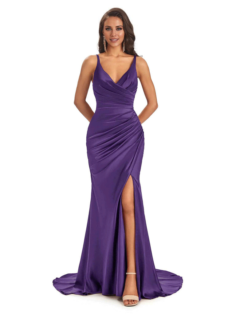 Soft Satin Side Slit Spaghetti Straps V-Neck Long Sexy Mermaid Bridesmaid Dresses