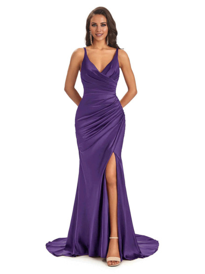 Soft Satin Side Slit Spaghetti Straps V-Neck Long Sexy Mermaid Bridesmaid Dresses