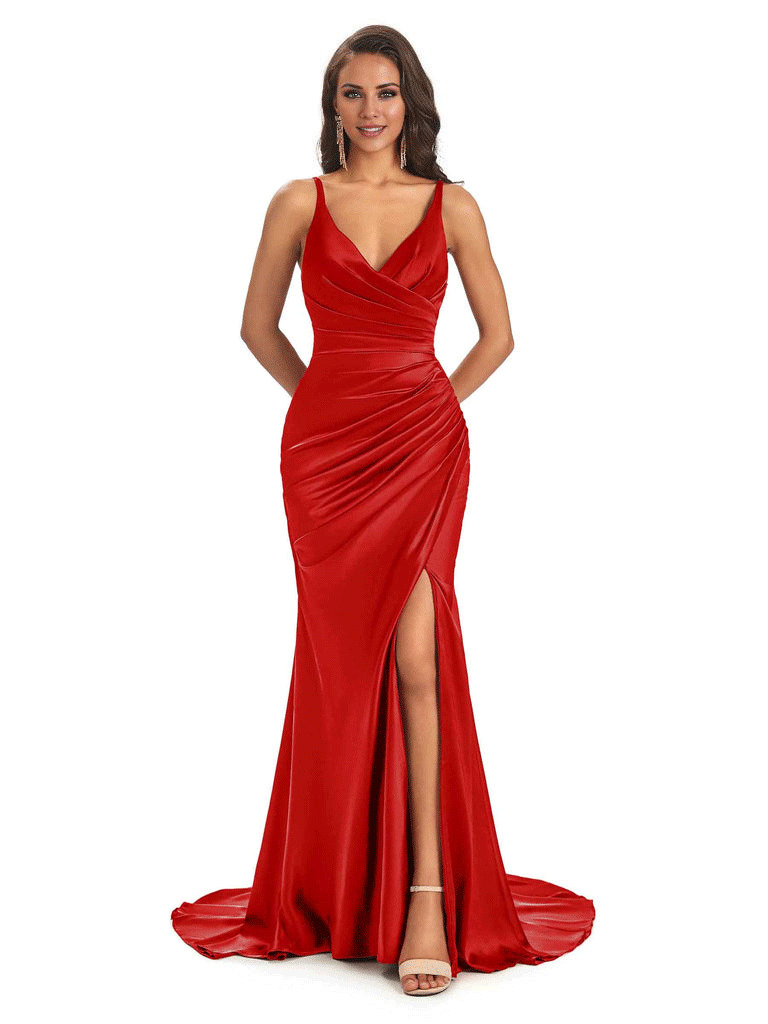 Soft Satin Side Slit Spaghetti Straps V-Neck Long Sexy Mermaid Bridesmaid Dresses