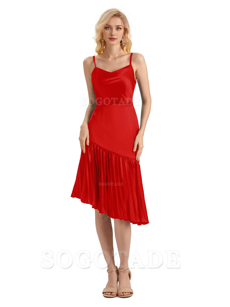 Unique Soft Satin Spaghetti Straps Short Midi Asymmetrical Bridesmaid Dresses Online