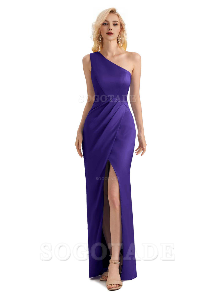 Sexy Soft Satin Split One Shoulder Long Mermaid Wedding Guest Dresses Online