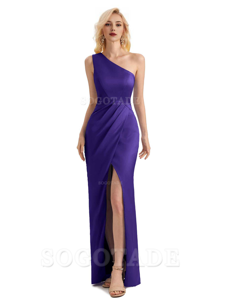 Sexy Soft Satin Split One Shoulder Long Mermaid Wedding Guest Dresses Online