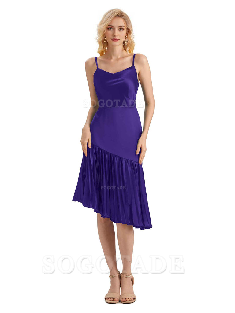 Unique Soft Satin Spaghetti Straps Short Midi Asymmetrical Bridesmaid Dresses Online