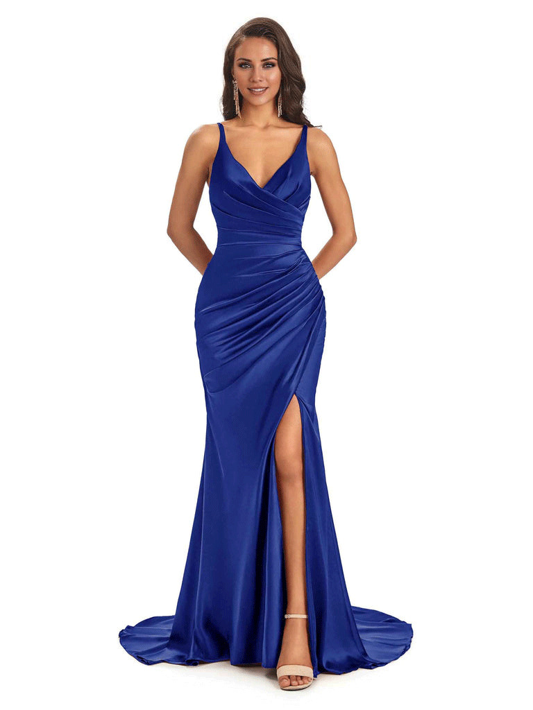 Soft Satin Side Slit Spaghetti Straps V-Neck Long Sexy Mermaid Bridesmaid Dresses