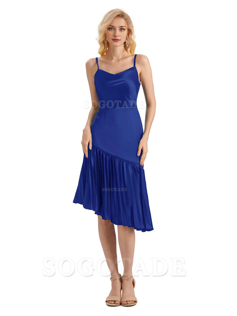 Unique Soft Satin Spaghetti Straps Short Midi Asymmetrical Bridesmaid Dresses Online