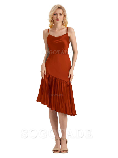Unique Soft Satin Spaghetti Straps Short Midi Asymmetrical Bridesmaid Dresses Online