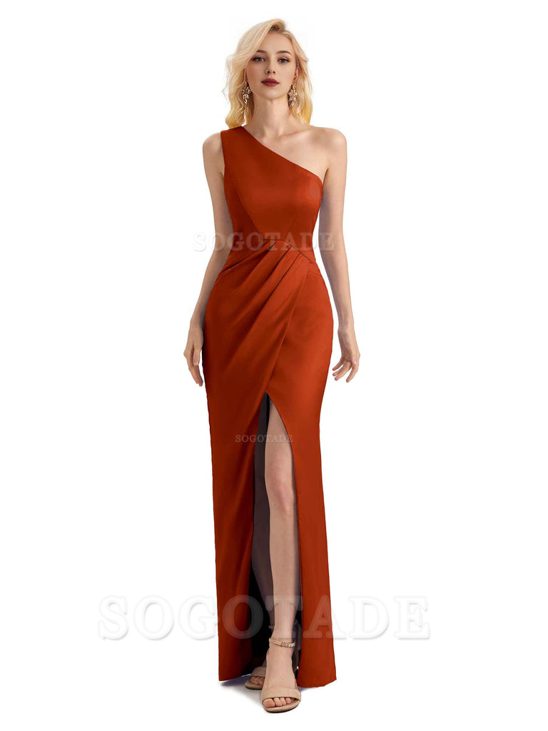 Sexy Soft Satin Split One Shoulder Long Mermaid Wedding Guest Dresses Online