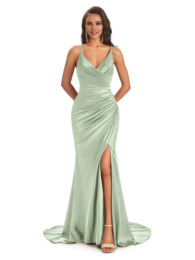 Soft Satin Side Slit Spaghetti Straps V-Neck Long Sexy Mermaid Bridesmaid Dresses