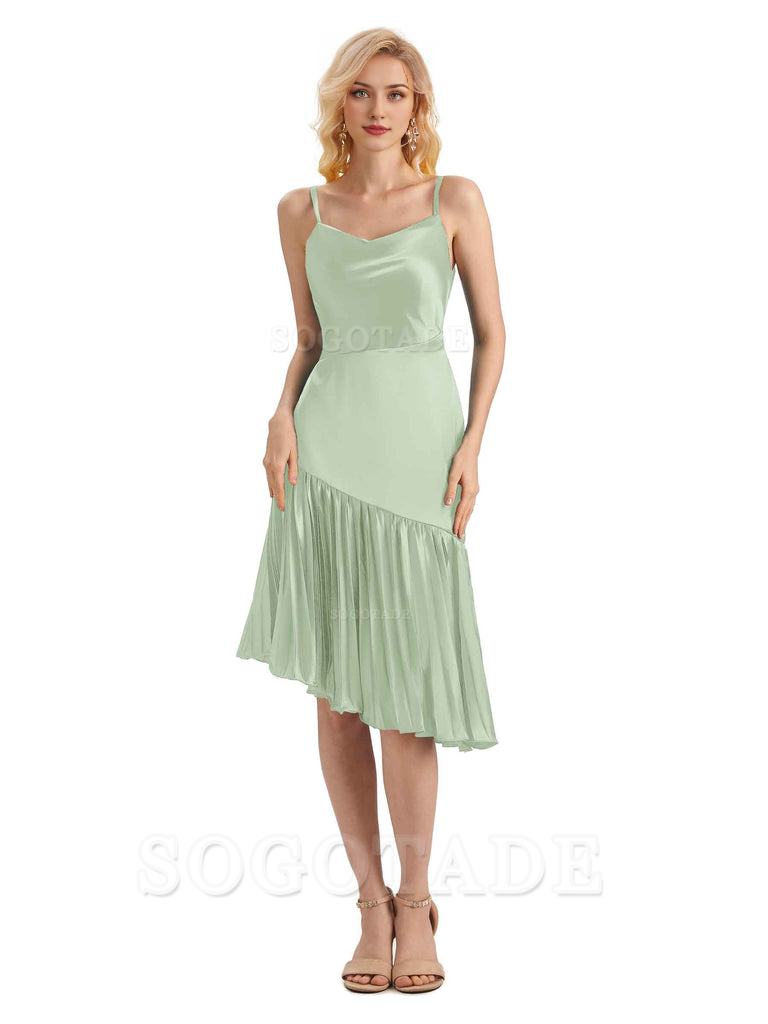 Unique Soft Satin Spaghetti Straps Short Midi Asymmetrical Bridesmaid Dresses Online