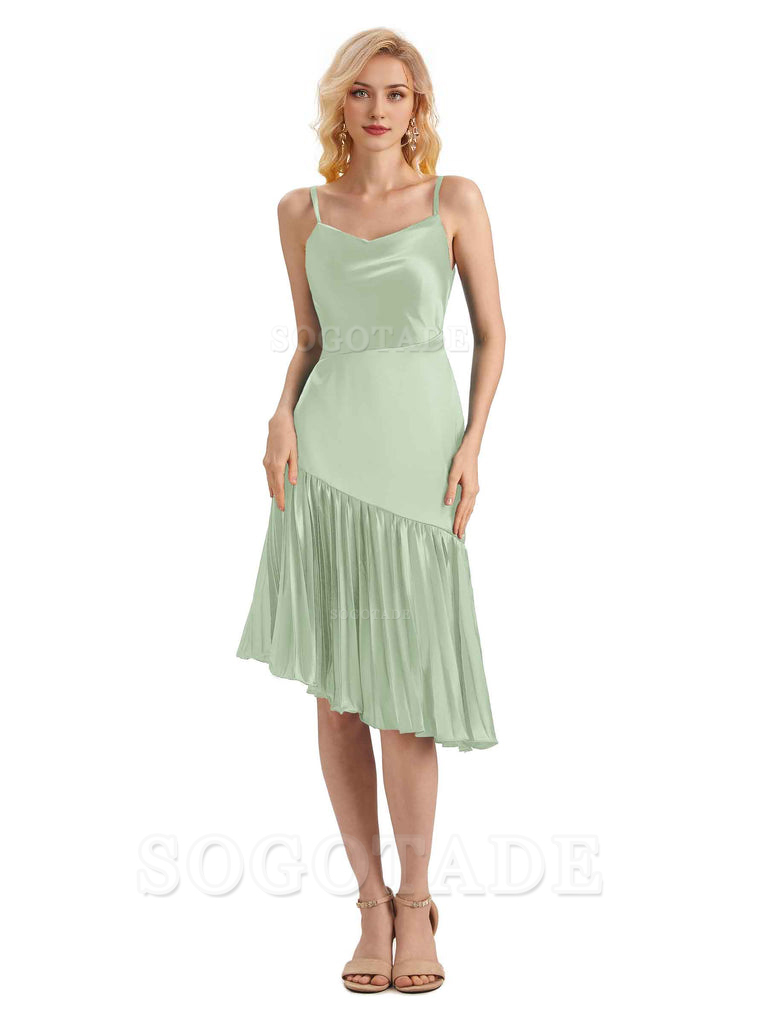 Unique Soft Satin Spaghetti Straps Short Midi Asymmetrical Bridesmaid Dresses Online