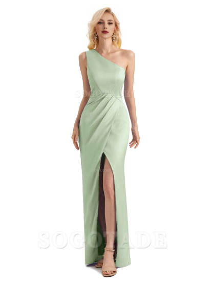 Sexy Soft Satin Split One Shoulder Long Mermaid Wedding Guest Dresses Online