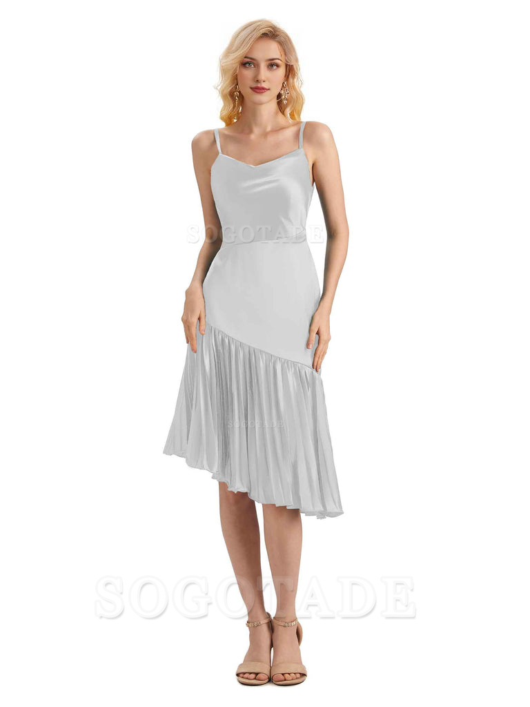 Unique Soft Satin Spaghetti Straps Short Midi Asymmetrical Bridesmaid Dresses Online
