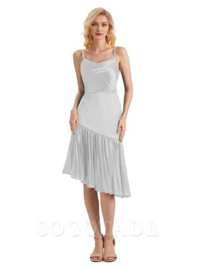 Unique Soft Satin Spaghetti Straps Short Midi Asymmetrical Bridesmaid Dresses Online