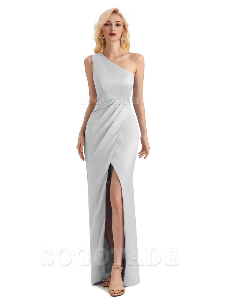 Sexy Soft Satin Split One Shoulder Long Mermaid Wedding Guest Dresses Online