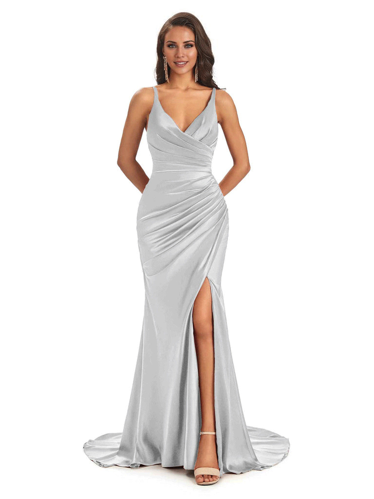 Soft Satin Side Slit Spaghetti Straps V-Neck Long Sexy Mermaid Bridesmaid Dresses