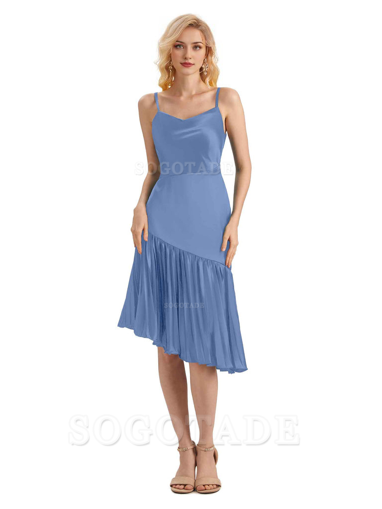 Unique Soft Satin Spaghetti Straps Short Midi Asymmetrical Bridesmaid Dresses Online