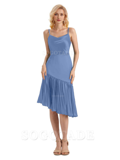 Unique Soft Satin Spaghetti Straps Short Midi Asymmetrical Bridesmaid Dresses Online