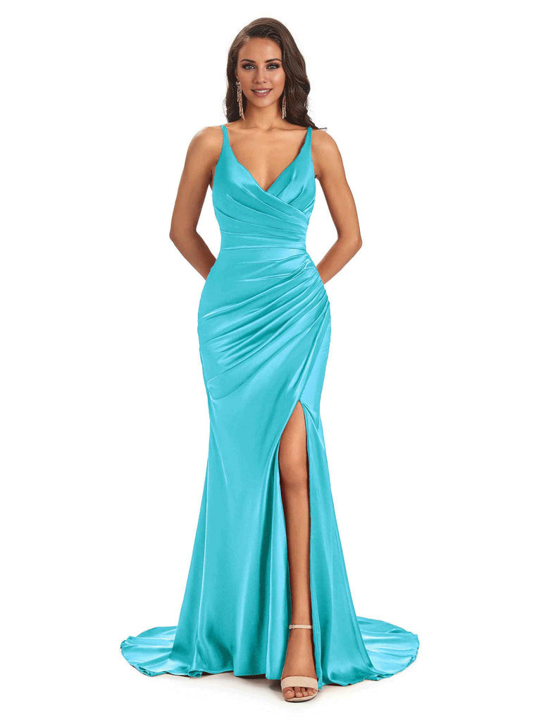 Soft Satin Side Slit Spaghetti Straps V-Neck Long Sexy Mermaid Bridesmaid Dresses
