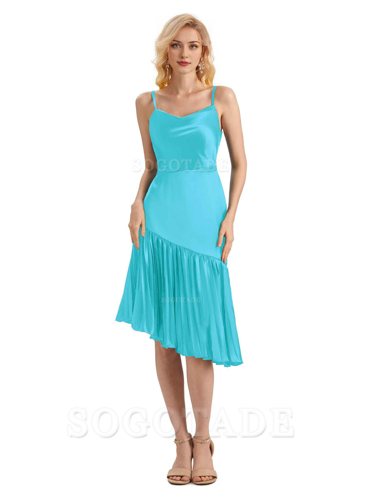 Unique Soft Satin Spaghetti Straps Short Midi Asymmetrical Bridesmaid Dresses Online