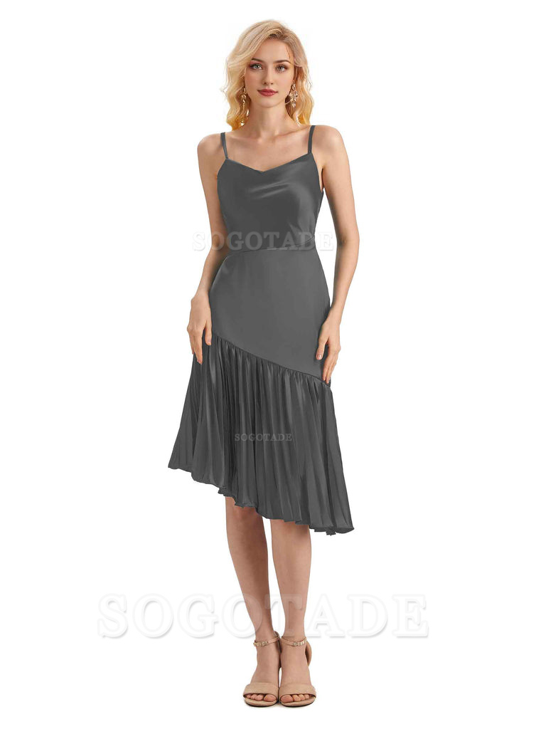 Unique Soft Satin Spaghetti Straps Short Midi Asymmetrical Bridesmaid Dresses Online