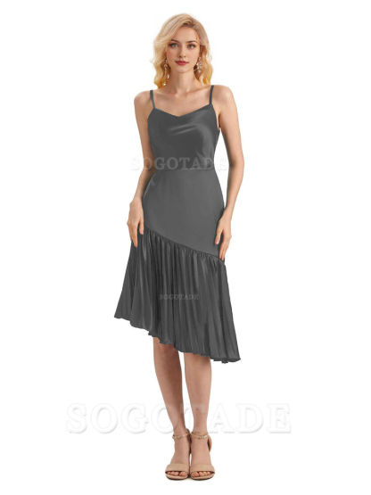 Unique Soft Satin Spaghetti Straps Short Midi Asymmetrical Bridesmaid Dresses Online