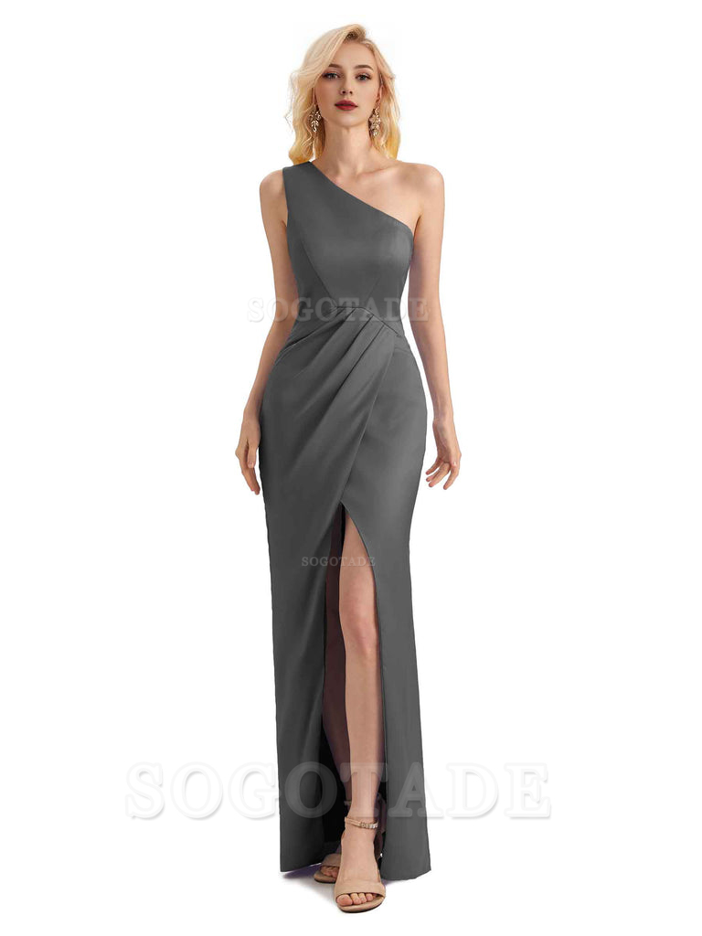 Sexy Soft Satin Split One Shoulder Long Mermaid Wedding Guest Dresses Online