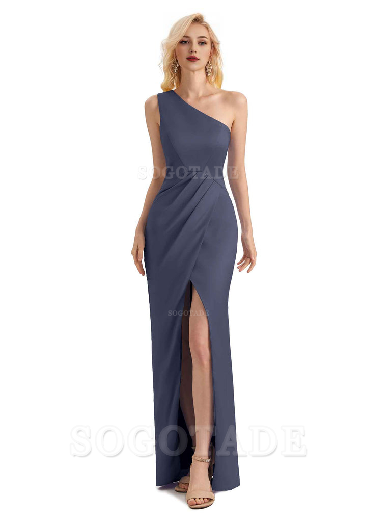 Sexy Soft Satin Split One Shoulder Long Mermaid Wedding Guest Dresses Online