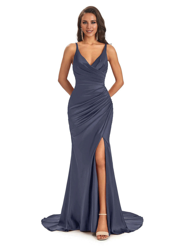 Soft Satin Side Slit Spaghetti Straps V-Neck Long Sexy Mermaid Bridesmaid Dresses