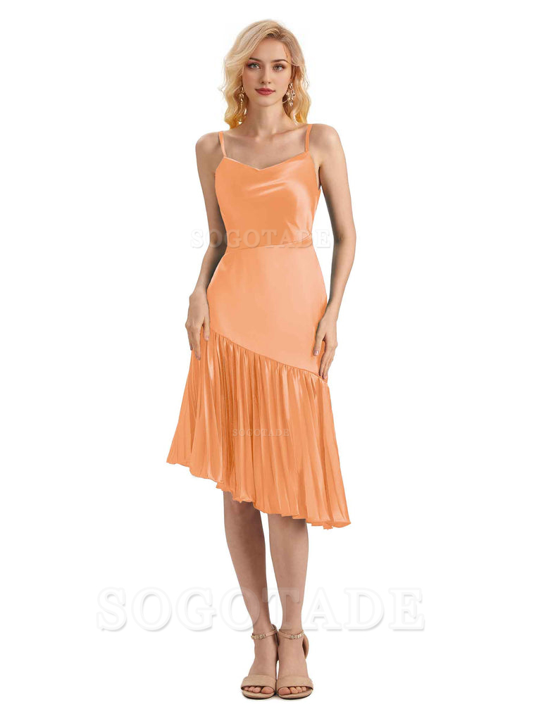 Unique Soft Satin Spaghetti Straps Short Midi Asymmetrical Bridesmaid Dresses Online