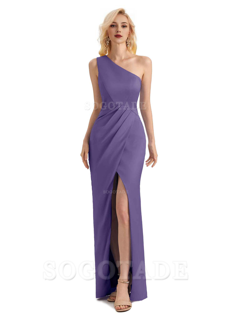 Sexy Soft Satin Split One Shoulder Long Mermaid Wedding Guest Dresses Online