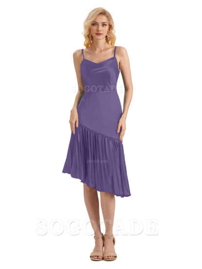Unique Soft Satin Spaghetti Straps Short Midi Asymmetrical Bridesmaid Dresses Online