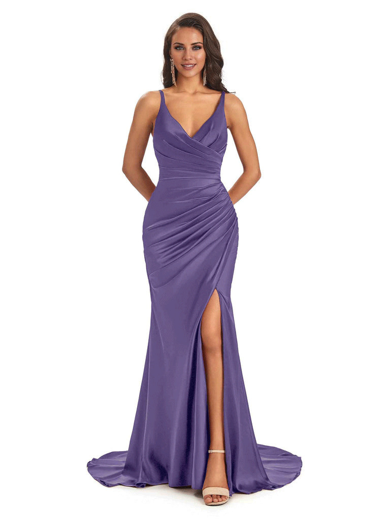 Soft Satin Side Slit Spaghetti Straps V-Neck Long Sexy Mermaid Bridesmaid Dresses