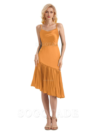 Unique Soft Satin Spaghetti Straps Short Midi Asymmetrical Bridesmaid Dresses Online