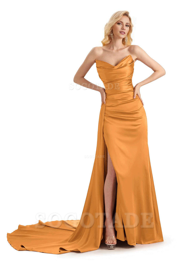 Unique Sweetheart Side Slit Soft Satin Long Mermaid Bridesmaid Dresses Online