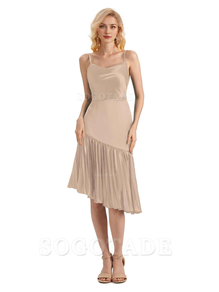 Unique Soft Satin Spaghetti Straps Short Midi Asymmetrical Bridesmaid Dresses Online