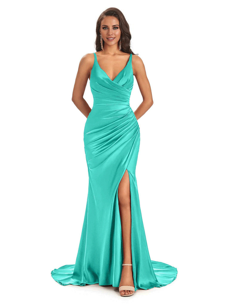 Soft Satin Side Slit Spaghetti Straps V-Neck Long Sexy Mermaid Bridesmaid Dresses