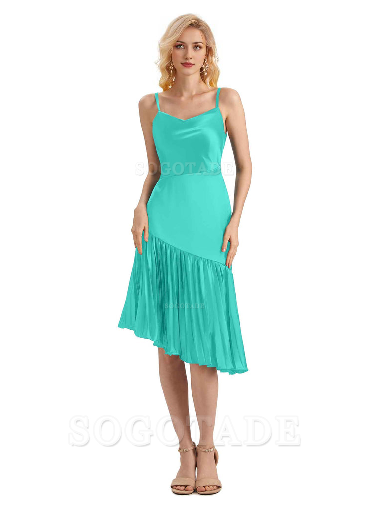 Unique Soft Satin Spaghetti Straps Short Midi Asymmetrical Bridesmaid Dresses Online