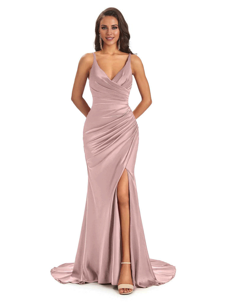 Soft Satin Side Slit Spaghetti Straps V-Neck Long Sexy Mermaid Bridesmaid Dresses