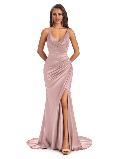 Soft Satin Side Slit Spaghetti Straps V-Neck Long Sexy Mermaid Bridesmaid Dresses