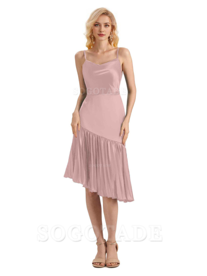 Unique Soft Satin Spaghetti Straps Short Midi Asymmetrical Bridesmaid Dresses Online