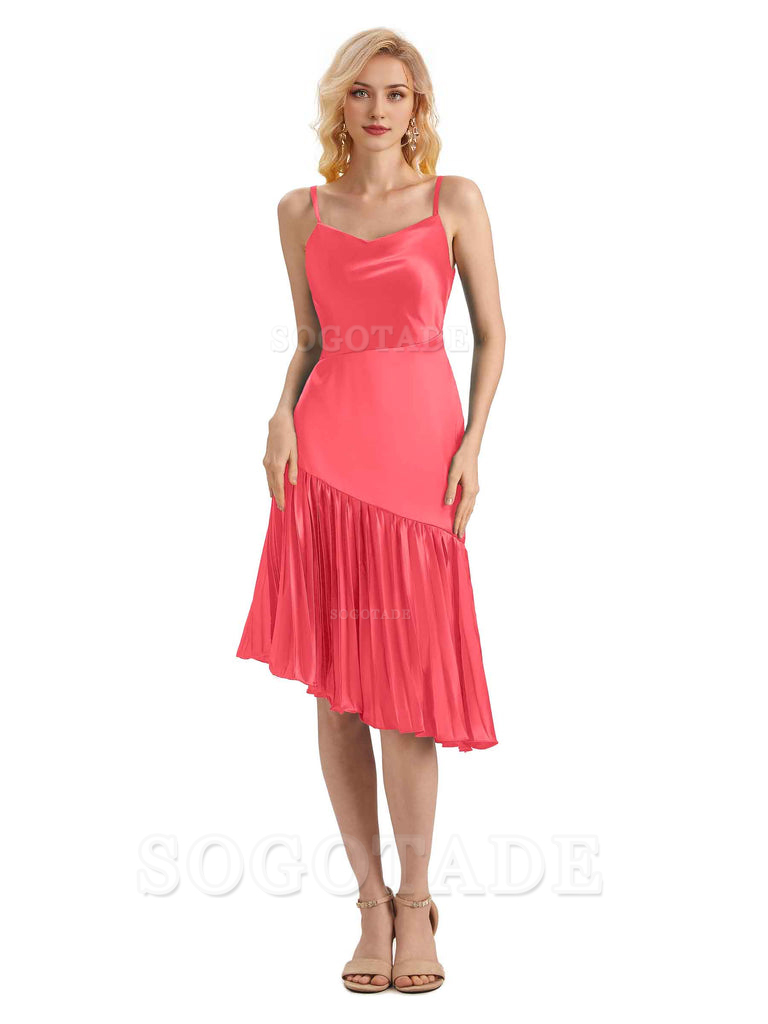 Unique Soft Satin Spaghetti Straps Short Midi Asymmetrical Bridesmaid Dresses Online