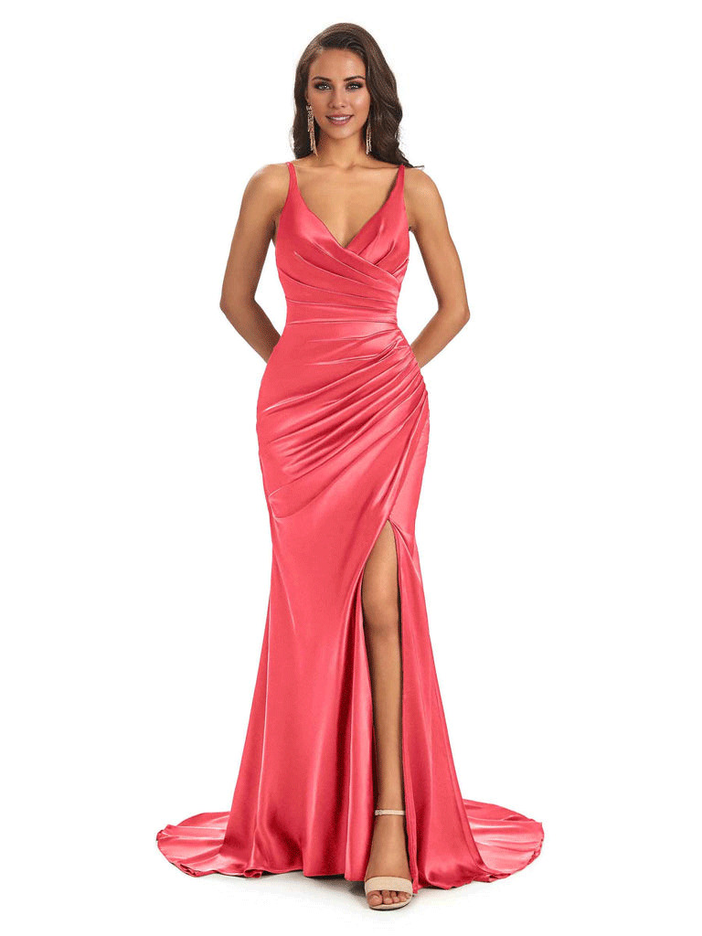 Soft Satin Side Slit Spaghetti Straps V-Neck Long Sexy Mermaid Bridesmaid Dresses