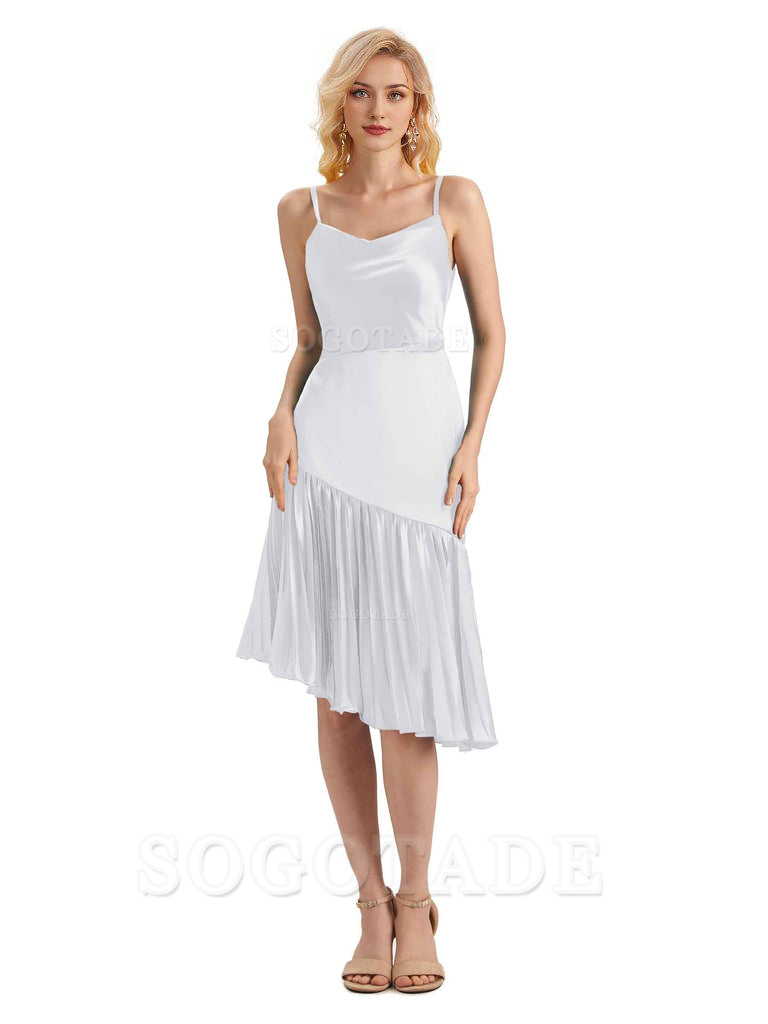 Unique Soft Satin Spaghetti Straps Short Midi Asymmetrical Bridesmaid Dresses Online